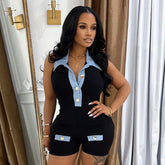 Polo Collar Denim Contrast Colors Slimming Women's Clothing One-piece Shorts - kinko